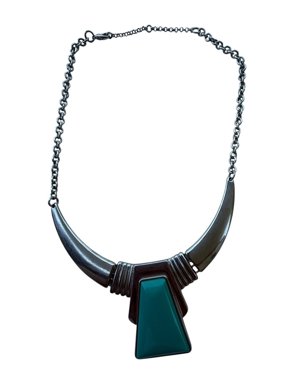 Stylish Silver-Tone Crescent Necklace with Teal Accent